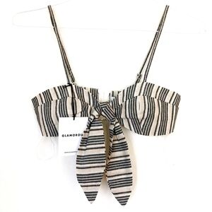 GLAMOROUS Stripe Tie Front Crop Top - Cream Gray